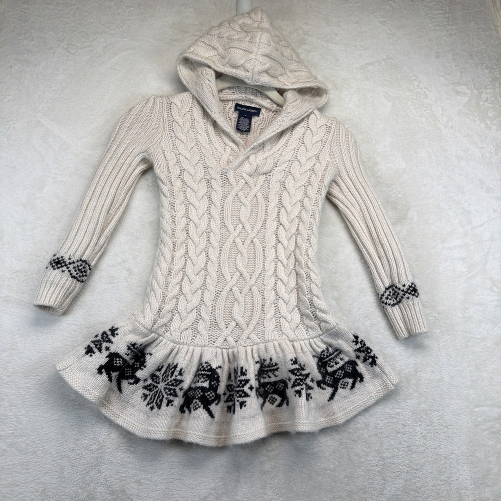 Ralph Lauren Girls Fair Isle Cable Knit Hooded Sweater Dress Wool Angora S